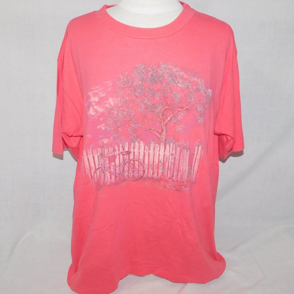 VTG Northern Reflections Pink T Shirt White Picket Fence Bike Tree Womens L